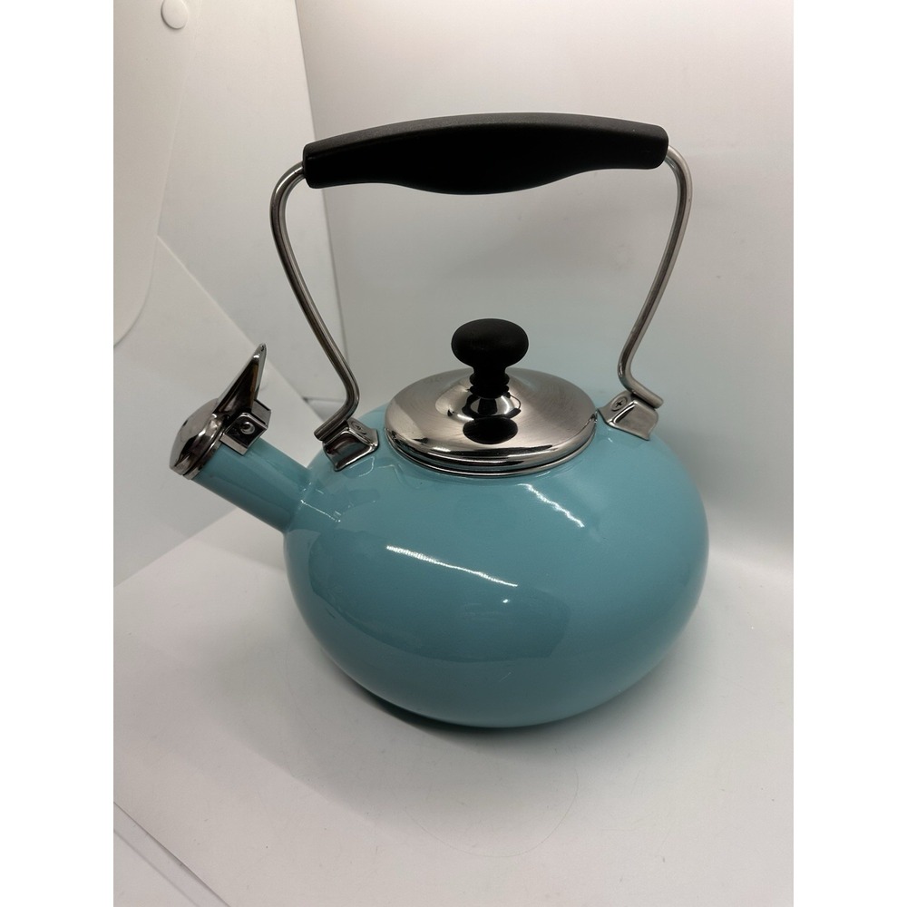 VTG CHANTAL ENAMEL STEEL CLASSIC WHISTLING‎ TEA KETTLE WITH LID AQUA BLUE 1.7 QT